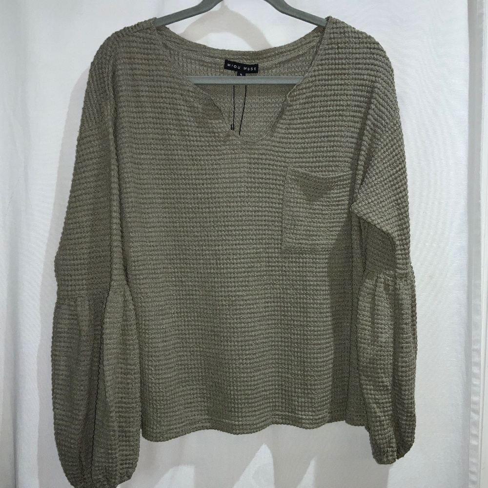 Miou Muse thermal knit balloon sleeve top Sz L waffle weave New msr